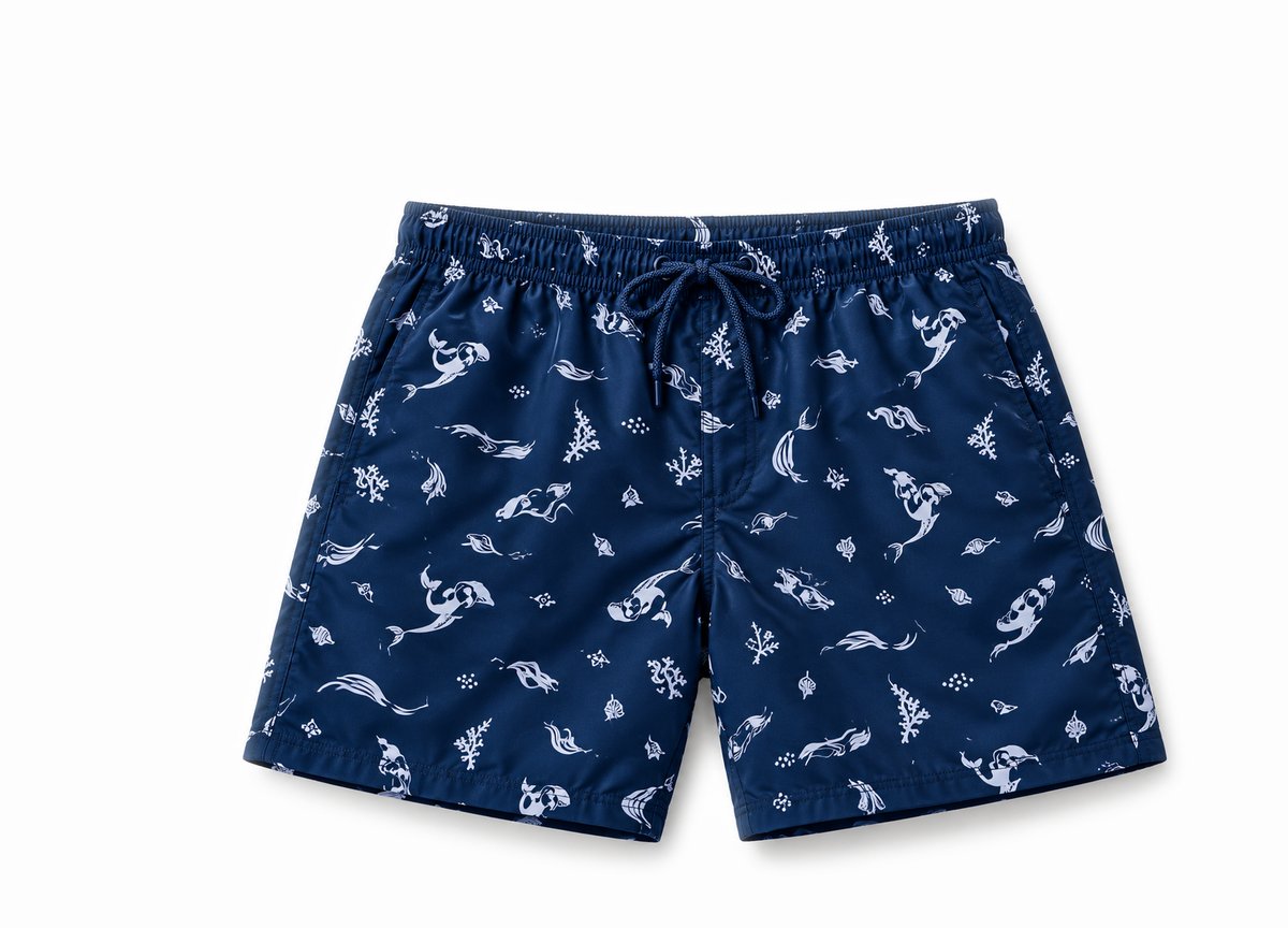 Navy swim shorts with a white sea-life print and drawstring waist